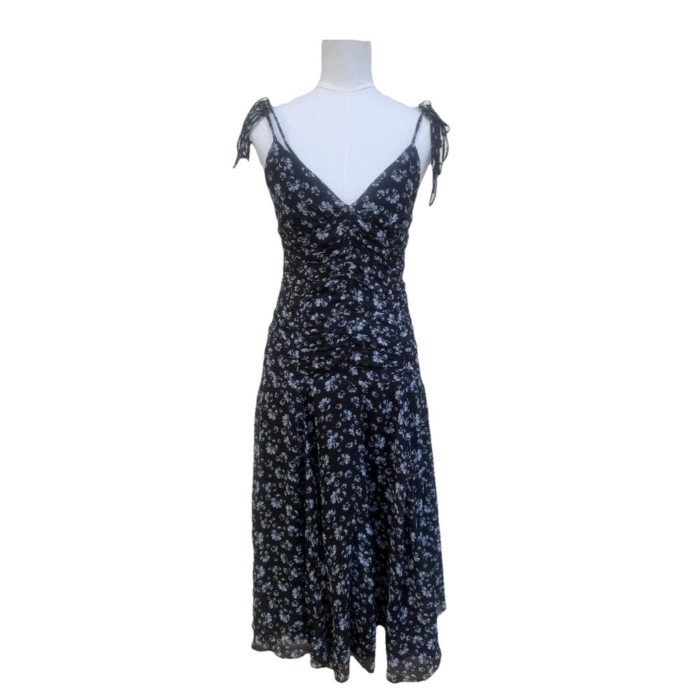 Emory Park Floral Midi Dress Navy Blue Ruched Tie Strap Empire Waist Small